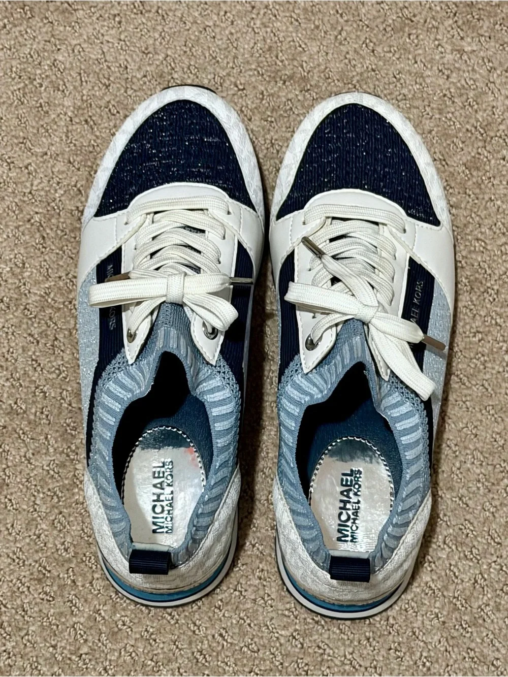 Michael Kors Women’s Navy, White and Light Blue Knit Lace-Up Sneakers